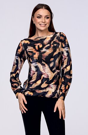 Elegantní černo hnědá dámská halenka s dlouhými rukávy s manžetou 7757